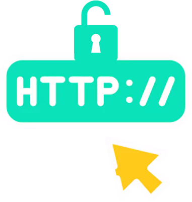 A bright turquoise icon of the HTTP protocol with a padlock symbolizing security, accompanied by a cursor arrow, all set against a transparent background