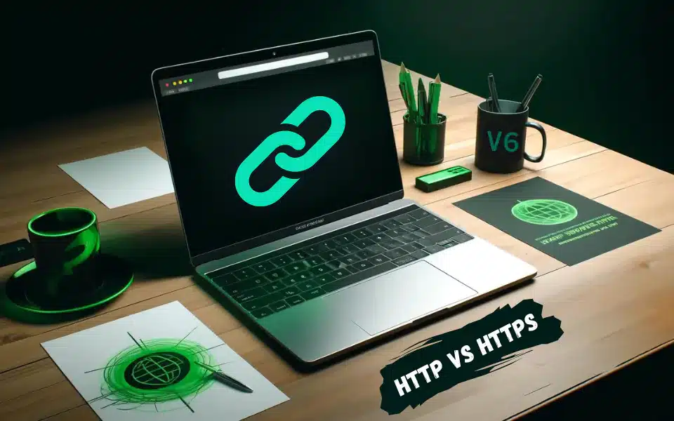 A laptop on a wooden desk displaying a bright green chain link graphic symbolizing the connection between HTTP and HTTPS protocols. The desk also features a green coffee cup marked 'V6'