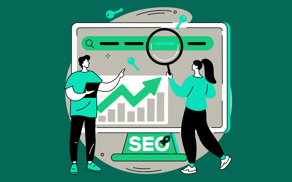 The image displays an illustration with a stylized representation of a search engine optimization (SEO) concept. In the center, there's a large computer monitor displaying a magnifying glass focusing on a bar graph that indicates growth, with the acronym "SEO" at the bottom right. In front of the monitor, two figures are interacting with the display: on the left, a man is pointing at the bar graph, and on the right, a woman is holding a magnifying glass up to the screen. The background is a solid green, and there are floating line drawings of a key and a tool, suggesting a connection to proxies seo agencies use for analysis.