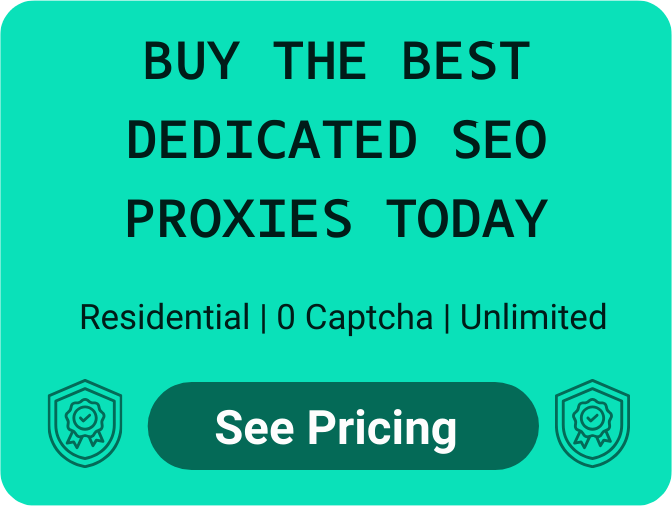 This image features a digital advertisement with a teal background. It has a prominent heading in white text that reads "BUY THE BEST DEDICATED SEO PROXIES TODAY". Below the heading, there is a subheading in smaller font that lists benefits or features: "Residential | 0 Captcha | Unlimited". At the bottom of the image, there is a call-to-action button with the words "See Pricing" surrounded by a border. To the left and right of the button are shield icons, suggesting security or protection. 