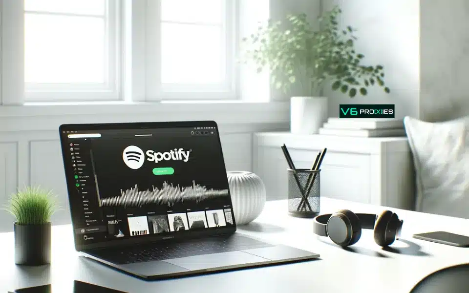 This image shows a modern workspace with a laptop on a desk displaying the Spotify application. The screen shows a music playback interface with a waveform and various controls. To the right of the laptop, there's a pair of over-ear headphones resting on the desk. A smartphone and a closed notebook are also visible on the desk. In the background, there are indoor plants, a white vase, and a cushion on a chair, suggesting a comfortable and clean home or office environment. The overall aesthetic is minimalistic, with a monochromatic color scheme. There's a watermark in the upper right corner that reads "V6 Proxies".
