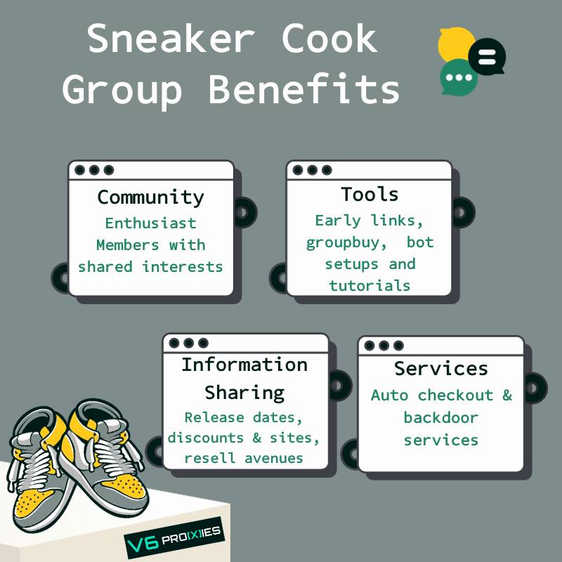 Graphic showing various benefits of joining a sneaker cookgroup. 