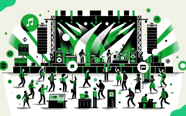 a flat art design of a concert area where fans enjoy the music of their favourite band