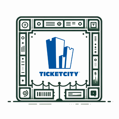 Ticketcity logo in a frame that looks like an event stage