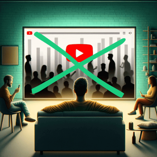 a stylized depiction of several people sitting in a living room, all facing a large TV screen mounted on a wall. The screen displays a crossed-out YouTube play button, suggesting that YouTube videos are being blocked or are not available. The room is bathed in a soft, greenish light, and the viewers appear to be in a relaxed, casual setting, possibly at home. The scene conveys a shared experience, possibly indicating a group's disappointment or adjustment to the absence of YouTube as a source of entertainment or information.