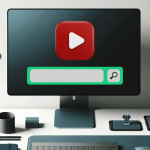 This image features a modern, minimalist workspace with a large desktop monitor centered on a desk. The monitor displays a graphic resembling a YouTube video player interface with a large red play button icon in the center, and a green progress bar below it. There's a search bar with a magnifying glass icon to the right of the progress bar to signal the use of youtube unblocked sites. The desk is equipped with various matching dark-colored accessories: a keyboard, a mouse on a mousepad, a notebook beside a closed laptop, a small container holding pencils, a cup, and a clipboard with a binder clip. Behind the monitor, there's a potted plant with round green leaves, adding a touch of nature to the scene. The overall color scheme of the workspace is dark with green and red accents from the monitor's display and the plant.