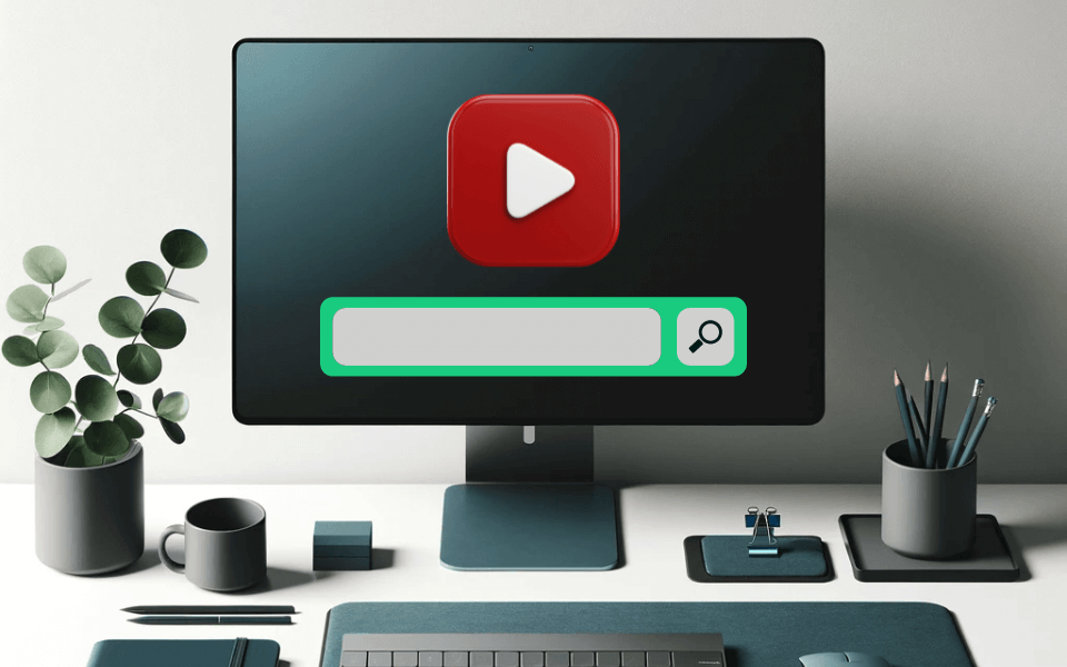 This image features a modern, minimalist workspace with a large desktop monitor centered on a desk. The monitor displays a graphic resembling a YouTube video player interface with a large red play button icon in the center, and a green progress bar below it. There's a search bar with a magnifying glass icon to the right of the progress bar to signal the use of youtube unblocked sites. The desk is equipped with various matching dark-colored accessories: a keyboard, a mouse on a mousepad, a notebook beside a closed laptop, a small container holding pencils, a cup, and a clipboard with a binder clip. Behind the monitor, there's a potted plant with round green leaves, adding a touch of nature to the scene. The overall color scheme of the workspace is dark with green and red accents from the monitor's display and the plant.