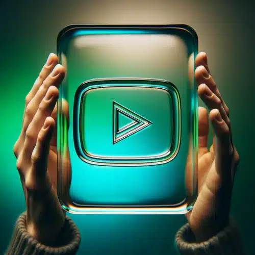 This image features a pair of hands holding a translucent, glowing cube with a YouTube icon centered in it. The cube and the icon inside emit a neon teal light. The hands are shown with palms facing up, gently cupping the cube without touching it, and are partially obscured by the object's glow. The background is a darker green gradient, enhancing the luminosity and futuristic look of the cube. This image could symbolize concepts such as media, technology, innovation, or the future of digital content.