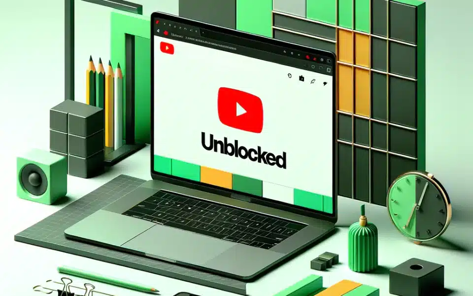 A modern and sleek laptop screen displaying the YouTube homepage, indicating that it's unblocked. The computer is surrounded by a minimalist desk
