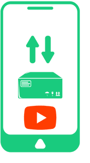 a simplified, icon-like representation of a smartphone in portrait orientation with a green outline, mobile data symbol and youtube icon.