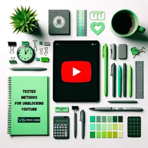 The image shows a neatly arranged collection of items on a plain white background, organized in a symmetrical layout. At the center is a tablet with a large YouTube play button on its screen. Surrounding the tablet are various items in matching green tones: a notebook with the text "TESTED METHODS FOR UNBLOCKING YOUTUBE" and "V6 PROXIES" on the cover, two smaller notebooks, a potted plant, pens, pencils, a pair of scissors, a ruler, a calculator, and a cup of coffee with a saucer. To the right of the tablet, there are sticky notes, clips, and a USB drive. The items appear to be related to office work or study, and the central theme seems to be methods for accessing YouTube, possibly in areas where it is restricted.