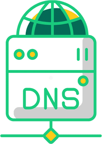 The image features a stylized icon representing the Domain Name System (DNS). The icon includes a simplified representation of a server or database with two lights at the top, a large label with "DNS" in the center, and a base resembling a network connector or stand. Above the server image, there is a graphic of a globe, suggesting the global nature of DNS services. The color scheme includes shades of green and orange on a white background. The overall design is clean and modern.