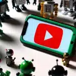 In this image, there is a collection of toy robots of various designs and colors gathered around a smartphone. The phone's screen prominently displays the YouTube play button, suggesting that the robots are focused on the device as if watching a video