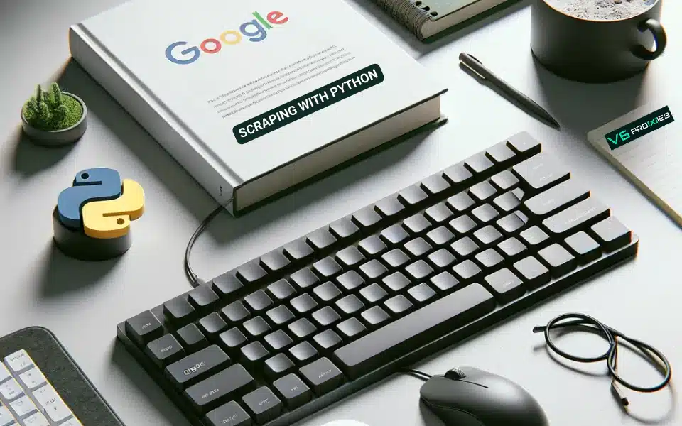 a modern workspace setup. On the right side, there is a mechanical keyboard in front of a book titled "Google SCRAPING WITH PYTHON," which hints at a programming or data science theme. To the left of the keyboard, there's a Python logo-shaped stress ball, a notebook, and a pair of round-framed glasses. In the background, there's a coffee cup and a small green potted plant. The entire arrangement is on a desk with a light-colored surface, suggesting a clean and organized work environment. The presence of the book and Python logo indicates a focus on software development, specifically related to web scraping using Python.