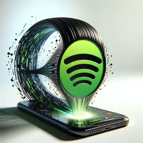 The image features a smartphone lying flat with a dynamic, three-dimensional representation of the Spotify logo emerging from the screen. The logo appears to be part of a vibrant, visual effect that resembles sound waves or digital data streaming outwards in a swirling pattern. This pattern gives the impression of music being played and the waves propagating through space.