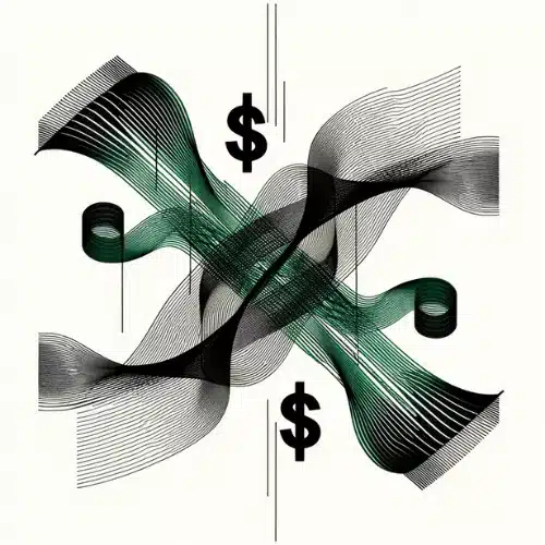 abstract artistic representation featuring wavy lines creating a three-dimensional effect with two dollar signs, one at the top and one at the bottom, all in a black and white color scheme.