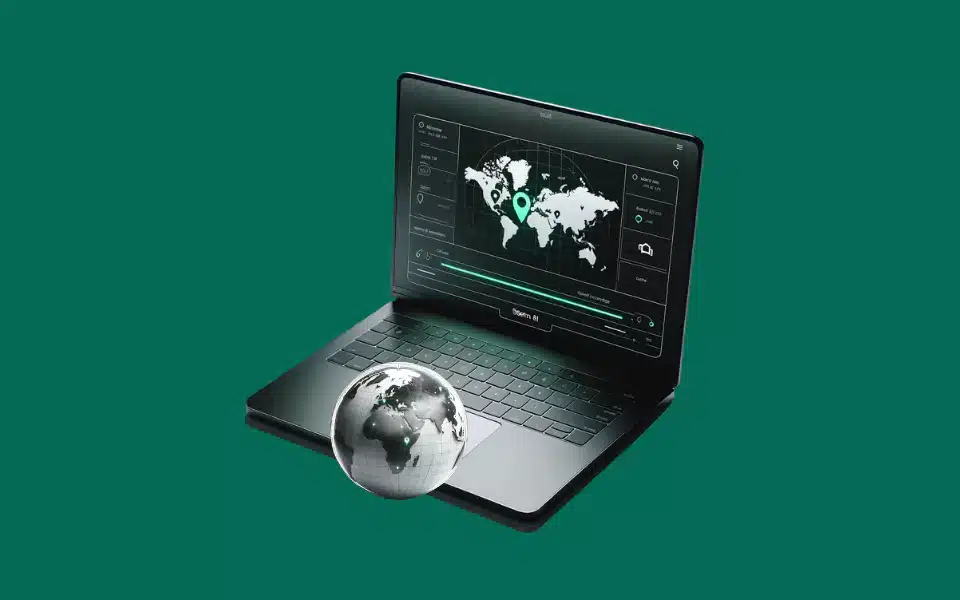 The image represents a concept related to geolocation proxies, depicted by a laptop showing a world map with various geolocation markers on its screen, paired with a glass globe resting on its keyboard. This suggests the use of software for monitoring or managing geolocation data, which is a key function of geolocation proxy services that provide users with the ability to appear as if they are located in different parts of the world. The globe's presence reinforces the global nature of the technology.