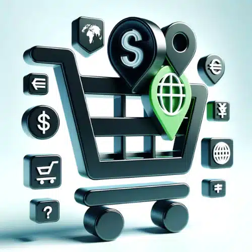 This image features a 3D graphic of a shopping cart icon, which is associated with online shopping and e-commerce. Inside the cart, there is a symbol of a green globe and a location pin, alongside a currency symbol. Surrounding the cart are various other symbols and icons, including different currency symbols (dollar, euro, pound sterling, yen), a shopping bag, and icons that likely represent different functions or services in an online marketplace, such as customer service, a user profile, and social media sharing. The overall composition of the image suggests themes of global online shopping, financial transactions across different currencies, and location services. The blue gradient background gives the graphic a sleek, modern feel.