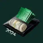 An image of a black leather wallet with a roll of US dollar bills secured with a rubber band and a stack of green event tickets protruding from it. In the foreground, the number "2024" is superimposed in a white script font, indicating the year. The background is a plain dark green, providing contrast to the wallet and its contents.