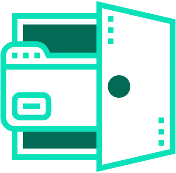 Icon of a wallet with an open door, on a gray background.