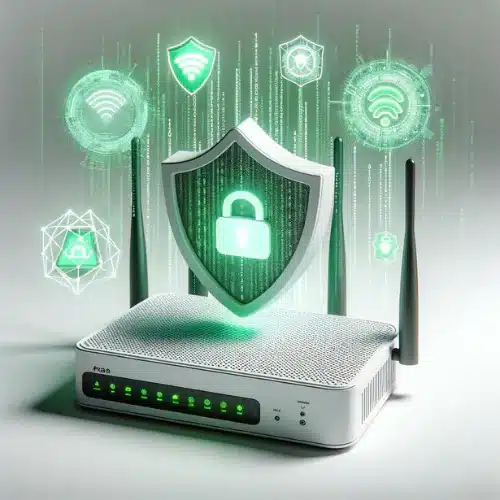 a Wi-Fi router on a surface with digital graphics of shields and connectivity symbols emanating from it, suggesting cybersecurity and network protection. A large shield with a lock symbol is prominently displayed in front of the router, reinforcing the concept of secured internet access.