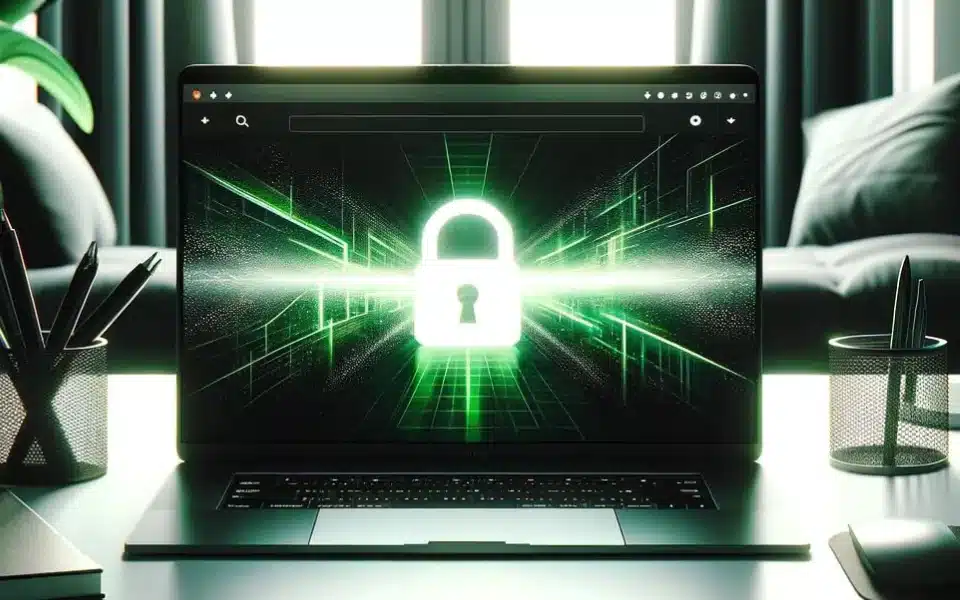 a laptop on a desk emitting bright green light from its screen, which displays a stylized lock, symbolizing cybersecurity. The setting appears to be a home or office environment with a plant, pens, and a pencil holder, suggesting a secure computing environment in a personal workspace.
