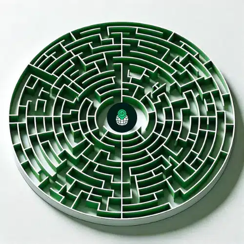 a circular maze with a green circuit pattern and a shield with a check mark at its center, representing a completed challenge or secure destination within a complex system. It visually conveys the idea of navigating through complex systems or cybersecurity measures to achieve protection or a goal.