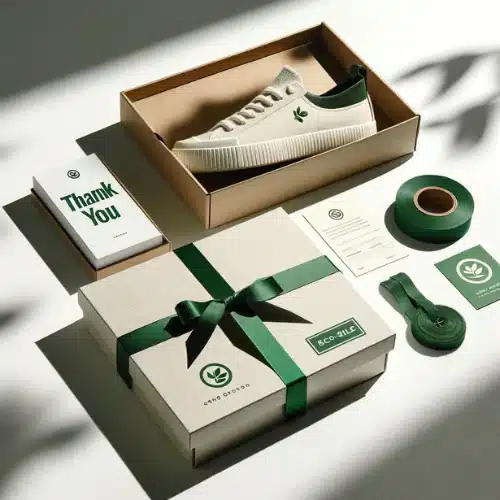 A white shoebox with a green bow sits on a wooden table