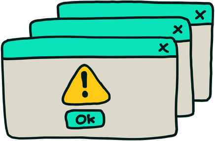 A cartoon illustration of a stack of colorful browser tabs with a yellow exclamation mark on each one