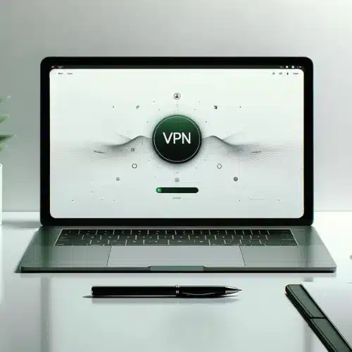 an open laptop on a desk with the letters "VPN" on the screen, surrounded by a minimalistic design of lines and dots, symbolizing a secure and private network connection. The laptop, pen, and notepad suggest a professional setting, emphasizing the importance of VPNs in maintaining privacy and security in a work environment.