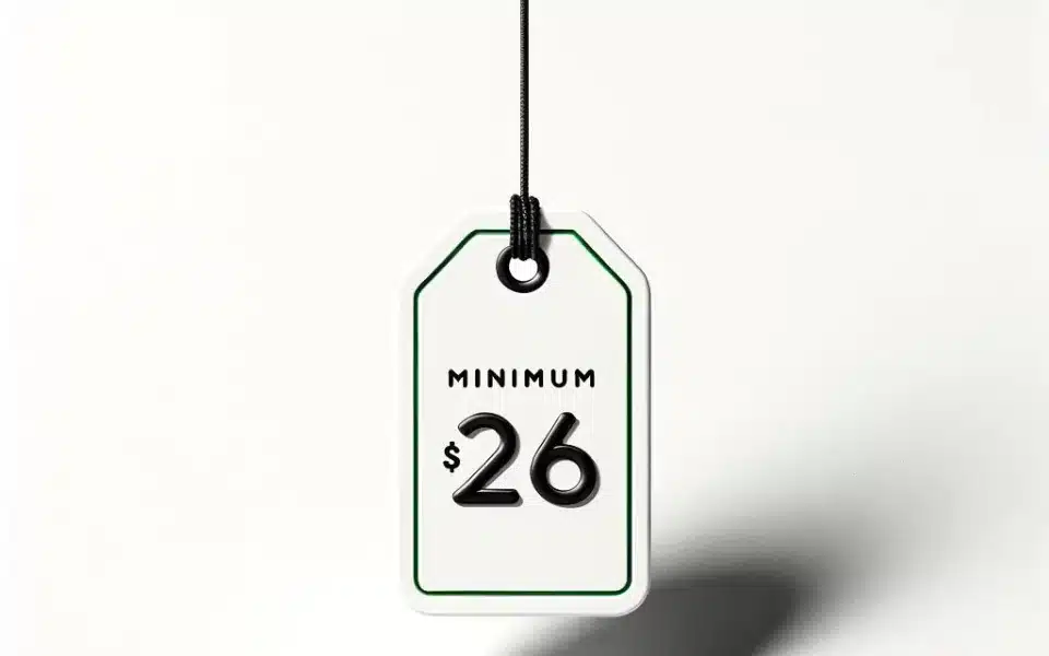 A photorealistic image of a price tag with the words "Minimum $26" printed on it