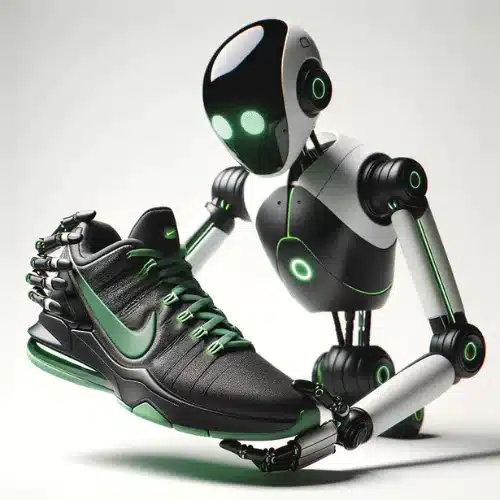 A close-up photo of a robot holding a black and green shoe