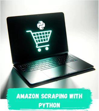 a modern, sleek black laptop on a white background. The laptop's screen displays a minimalist shopping cart icon and the Python programming language logo, with the title "Amazon scraping with Python"