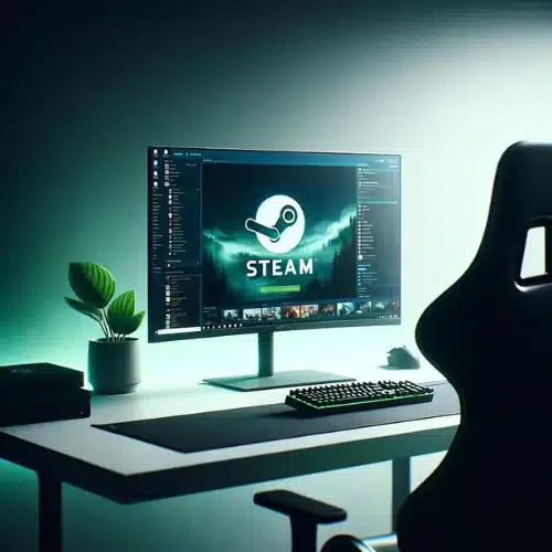 gaming setup showing a monitor displaying a Steam wallpaper with a mountainous landscape, flanked by a lamp, a plant, and a gaming chair, in a room with green ambient lighting.