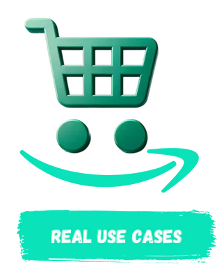 A shopping cart with a smiley face and the words "REAL USE CASES" on a gray background