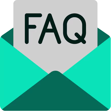 An icon of a white envelope with the letters "FAQ" in black text, superimposed on a teal-colored geometric background.