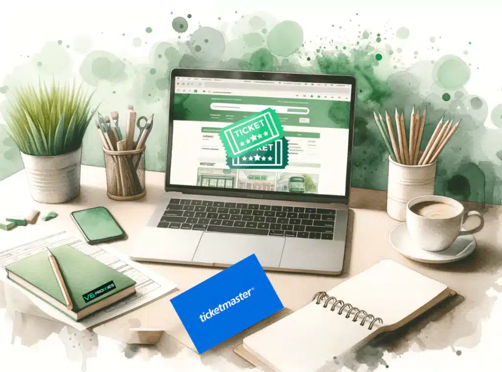 Illustrated workspace with a laptop on a ticketing site, a smartphone, notebooks, pencils, paintbrushes, a potted plant, and a coffee cup, accented with green watercolor splashes and a "ticketmaster" logo in the foreground.