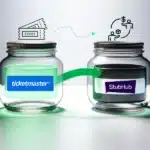two transparent glass jars placed side by side on a reflective surface with a plain light background. The jar on the left has a label with the logo of "Ticketmaster®" in blue and white, while the jar on the right has a label with the "StubHub" logo in purple and white