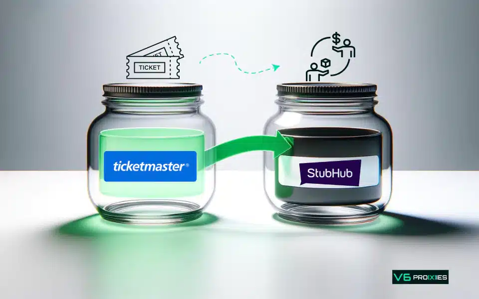 two transparent glass jars placed side by side on a reflective surface with a plain light background. The jar on the left has a label with the logo of "Ticketmaster®" in blue and white, while the jar on the right has a label with the "StubHub" logo in purple and white