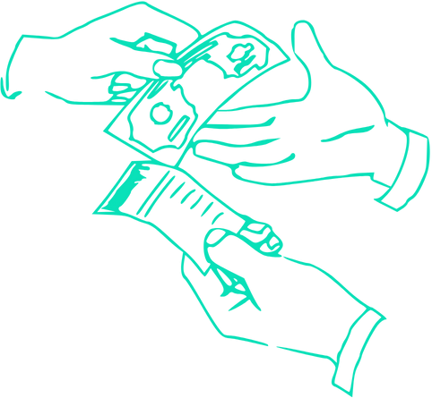 A close-up drawing of two hands, exchanging tickets and money