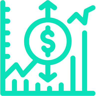 Green icon with a dollar sign ($) and two arrows, one pointing up and one pointing down. This symbol could represent finance, economics, or currency fluctuation