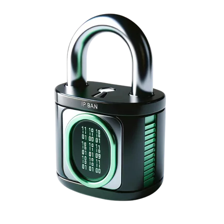 a stylized padlock with a black body and a green digital screen that shows binary numbers and the text "IP BAN".