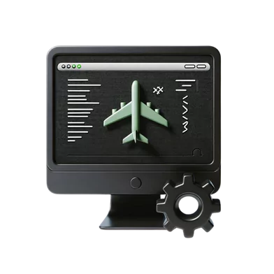 A computer screen displaying a green airplane icon and a gear icon. 