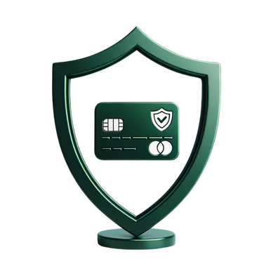 an elegant, minimalist green digital shield symbol against a white background, with a simplified black credit card icon in the center.
