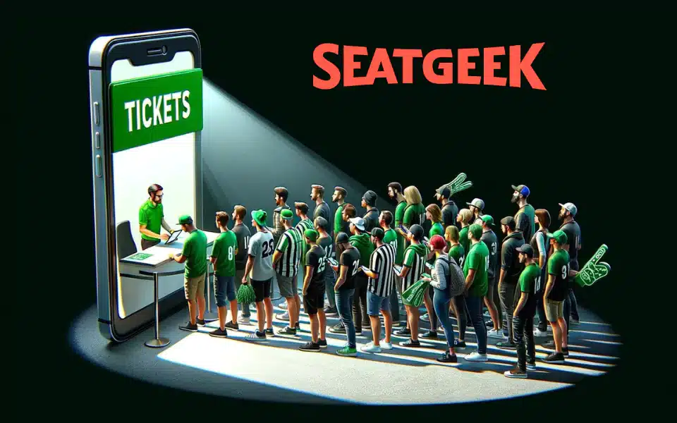a stylized illustration. It shows a massive smartphone on its side with the screen facing forward. The screen reads "TICKETS" in bold white letters on a green background, and the brand name "SEATGEEK" is in large red letters at the top against a black background. A 3D effect makes it appear as if a group of people is standing in line, waiting to approach the phone screen.
