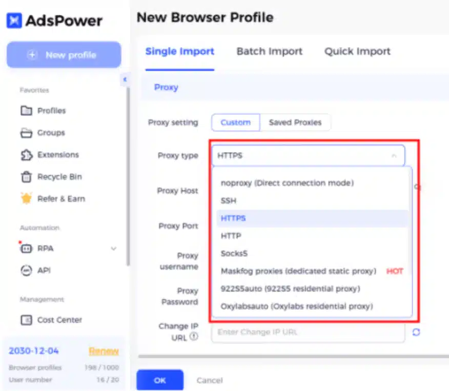 A screenshot of the AdsPower new browser profile creation page