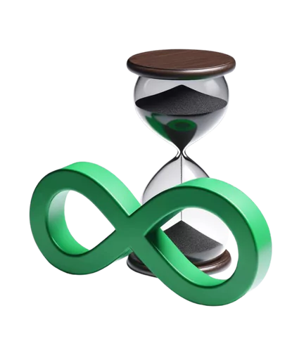  an artistic hourglass with an infinity symbol forming the frame, colored in shades of green, against a transparent background. The upper bulb appears to be filled with dark sand, while the lower bulb has a green color gradient suggesting flowing sand. this is to compare temporary to permanent ip bans.