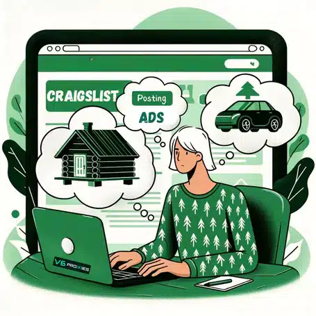 illustration depicting a person using a laptop with content related to Craigslist on the screen.