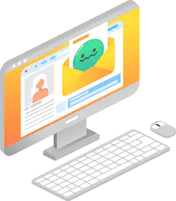 A flat design graphic showing a computer monitor displaying an envelope icon, with a keyboard and a plant beside it, symbolizing an email setup.