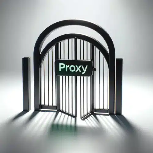 proxy hostname is like a gate.  a photo-realistic image capturing the essence of a proxy server as a gateway, depicted by a sleek, modern black gate marked with a green, stylized 'proxy' label against a stark, white background.